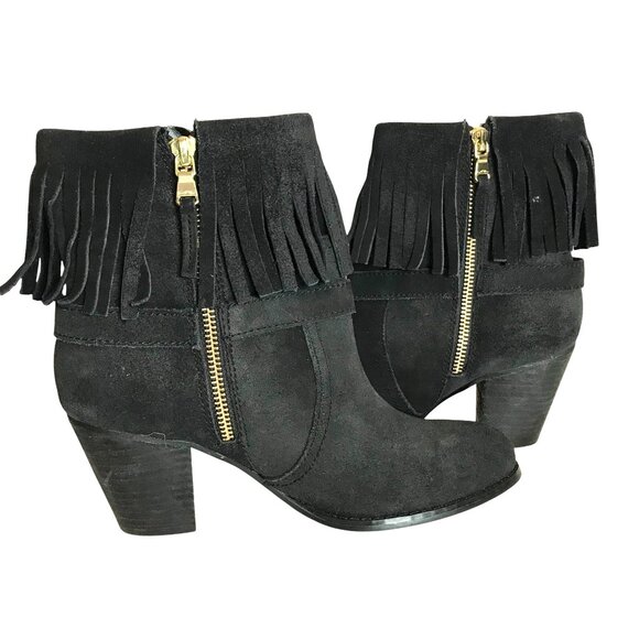 Lauren Ralph Lauren Black Suede Leather Fringe Heeled Ankle Boots Womens  7 - Picture 3 of 11